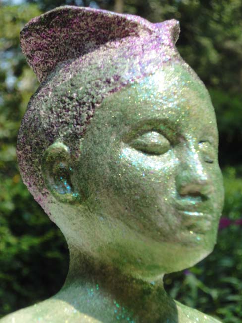 Green Tara sculpture in cast gypsum cement with patina, glitter and growing moss