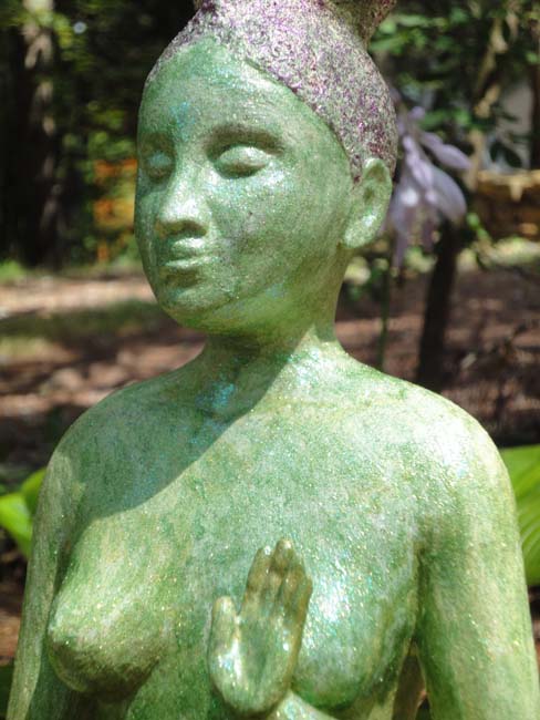Green Tara sculpture in cast gypsum cement with patina, glitter and growing moss
