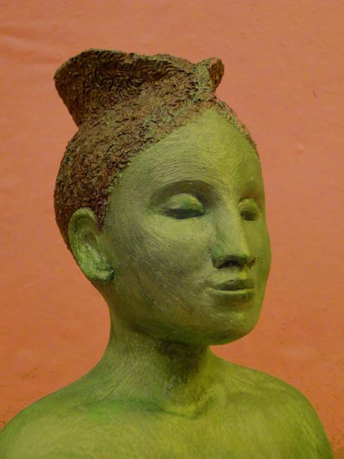 Green Tara sculpture in cast gypsum cement with patina, glitter and growing moss